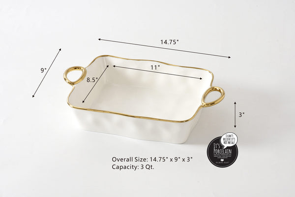 Ceramic 11″ x 9″ Rectangular Baking Dish With Gold Rim & Handles