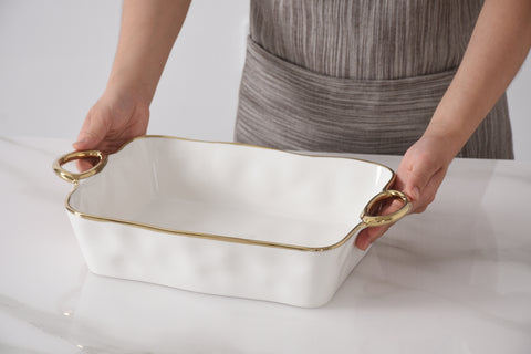 Ceramic 11″ x 9″ Rectangular Baking Dish With Gold Rim & Handles
