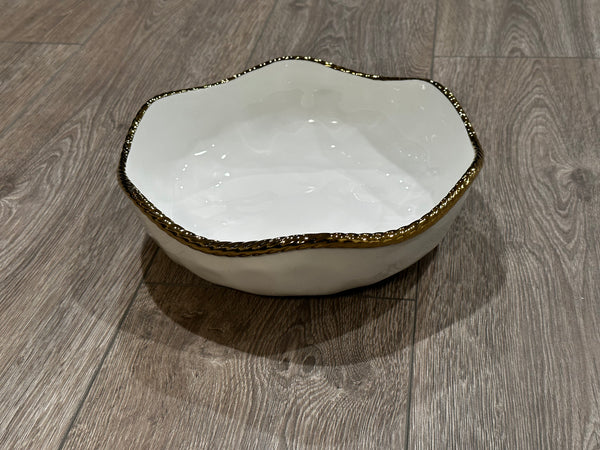 White Porcelain Salad Bowl With Gold Rope Edge