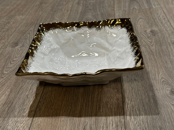 White Porcelain Square Salad Bowl With Gold Edge