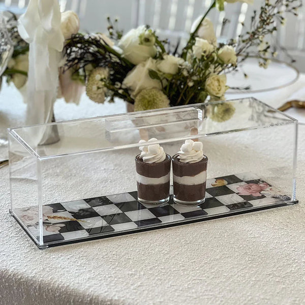 Lucite Black Chic Checkered Cake Tray with Lid