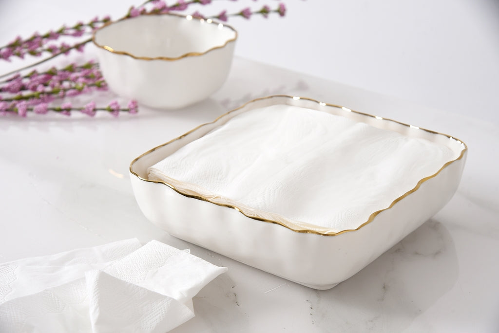 CERAMIC COCKTAIL NAPKIN HOLDER WITH GOLD RIM
