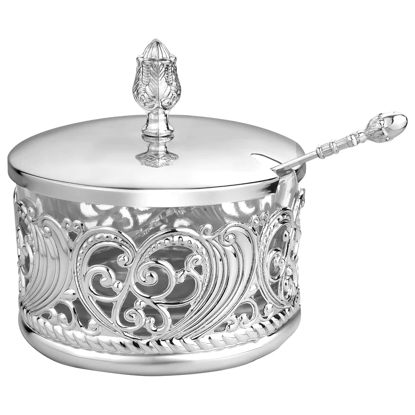 Honey Dish Glass Zinc Alloy Silver Design With Spoon