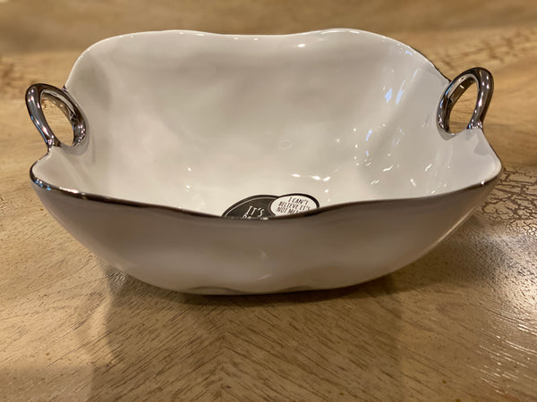 Square Ceramic Bowl With Silver Handles