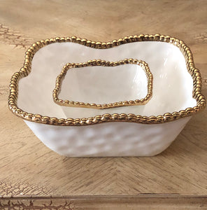 Square Ceramic Bowl White W/ Gold Beading