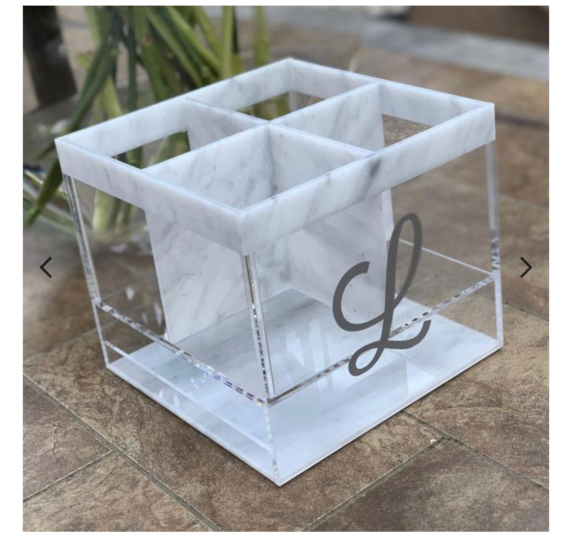 Lucite Marble Silverware Caddy W/ Napkin Holder