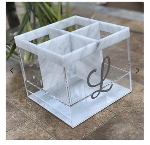 Lucite Marble Silverware Caddy W/ Napkin Holder