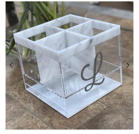 Lucite Marble Silverware Caddy W/ Napkin Holder