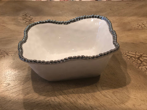 White Square Ceramic Bowl With Silver Beaded Rim