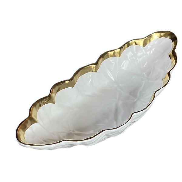 White Porcelain Leaf Shaped Bowl With Gold Rim