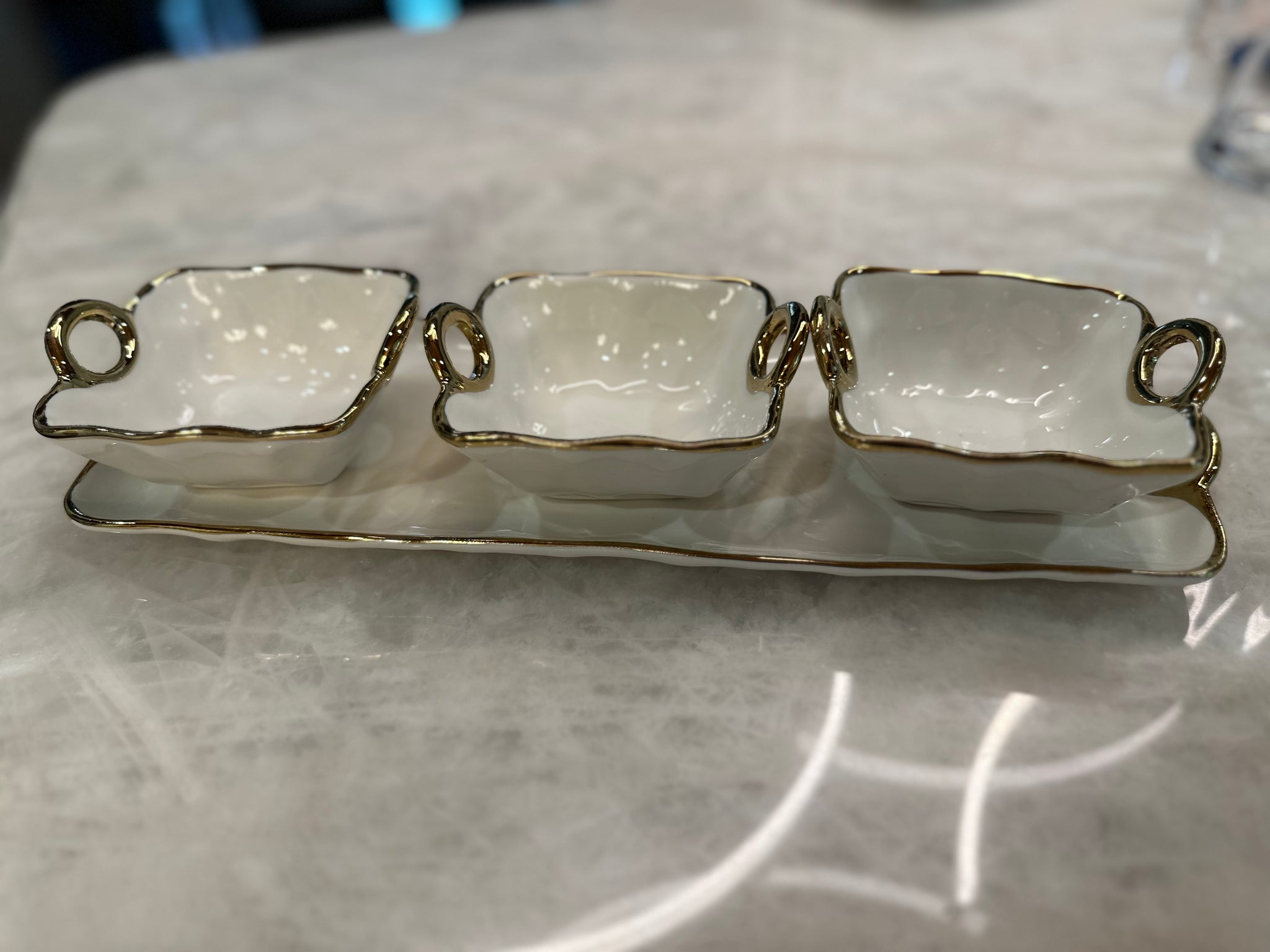White porcelain Dip Tray With 3 Bowls W/Gold Rim