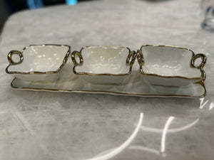 White porcelain Dip Tray With 3 Bowls W/Gold Rim