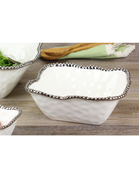 White Square Ceramic Bowl With Silver Beaded Rim