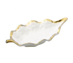White Porcelain Leaf Design Dish with Gold Rim